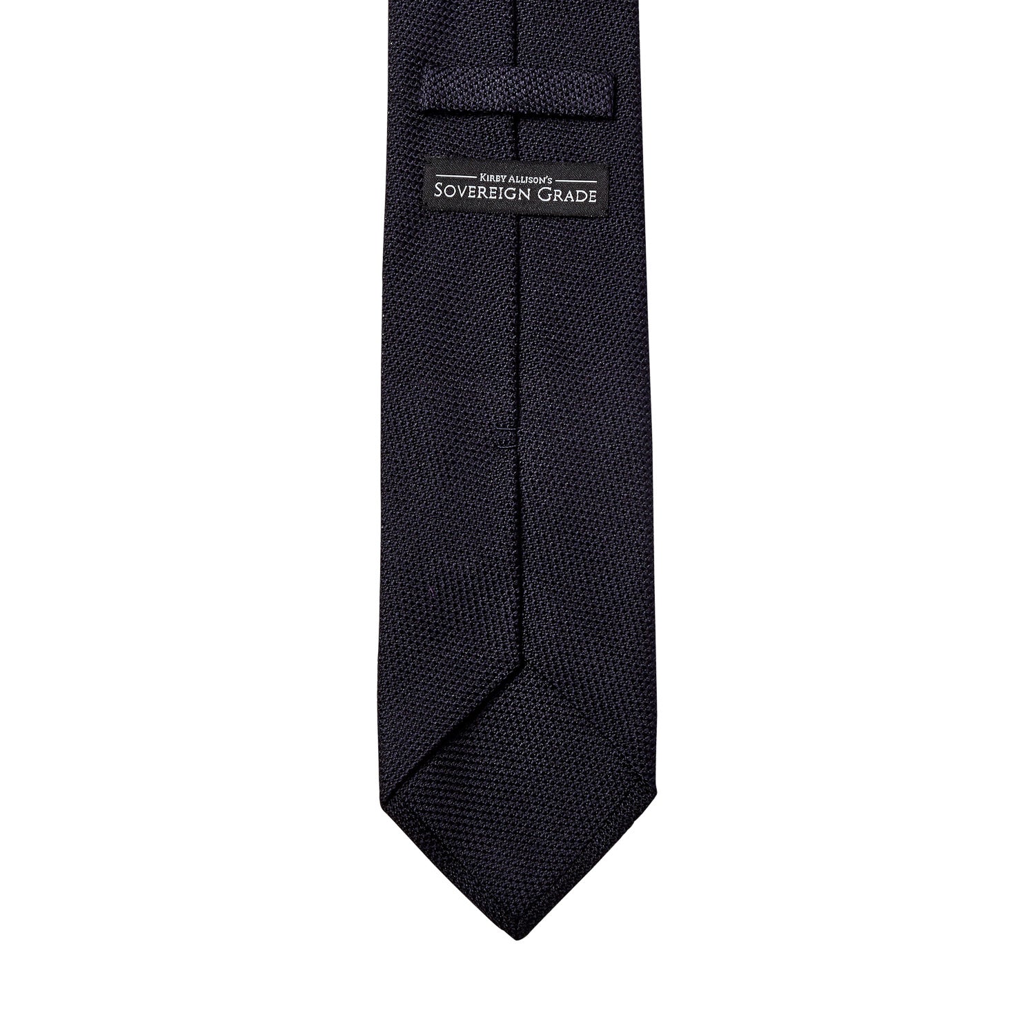 A Sovereign Grade Grenadine Fina Midnight Tie by KirbyAllison.com, handmade in the United Kingdom on a white background.