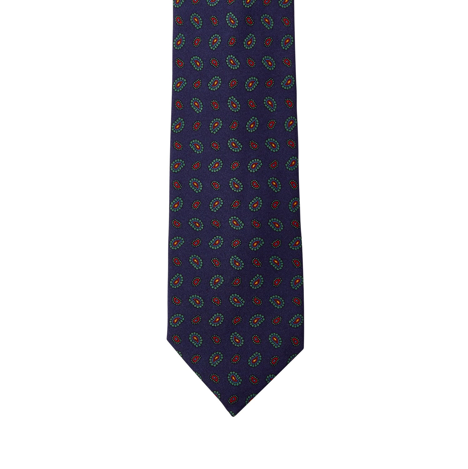 A Sovereign Grade Navy 36oz Printed Silk Paisley Tie from KirbyAllison.com, with red and blue circles on it, showcasing fine craftsmanship from the United Kingdom.