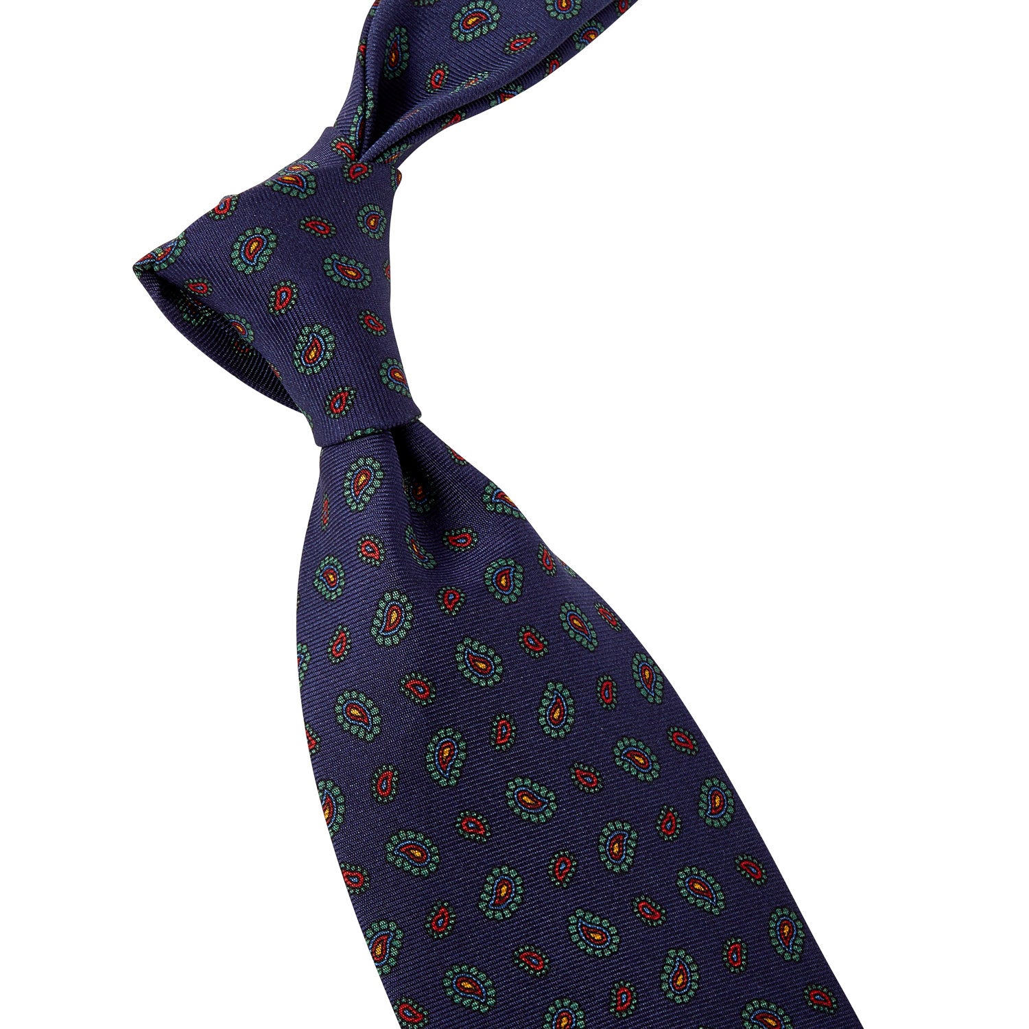 A Sovereign Grade Navy 36oz Printed Silk Paisley tie from KirbyAllison.com, showcasing craftsmanship from the United Kingdom.