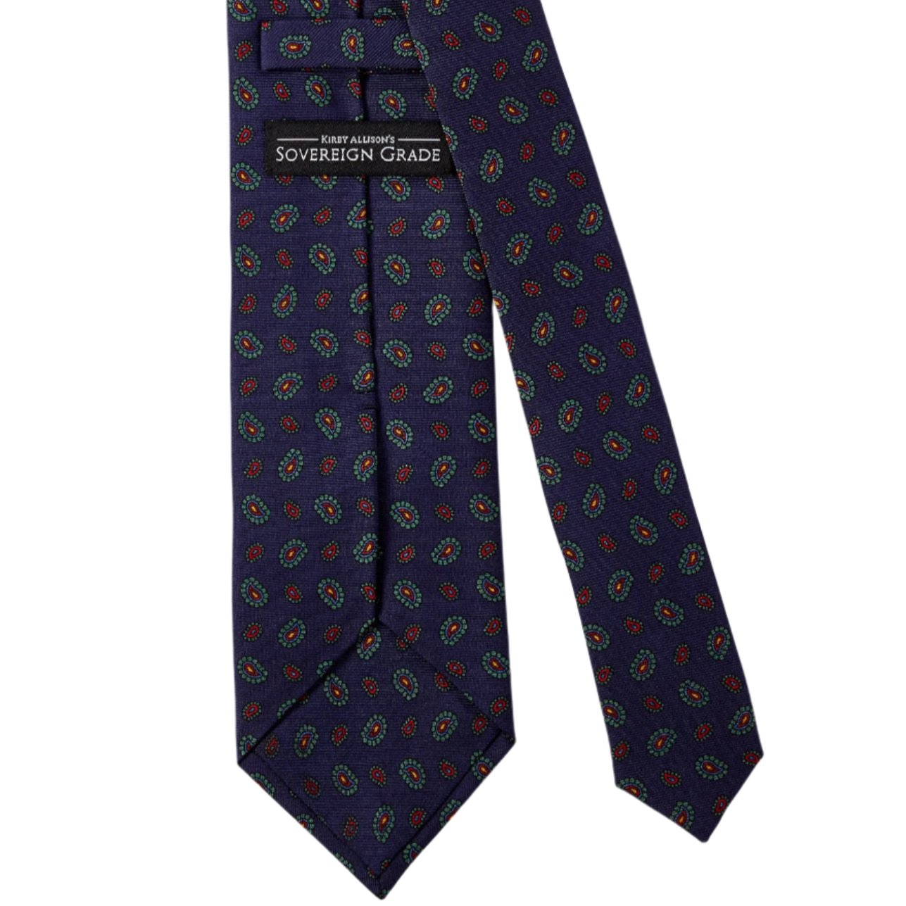 A KirbyAllison.com Sovereign Grade Navy 36oz Printed Silk Paisley Tie, showcasing exquisite craftsmanship from the United Kingdom.