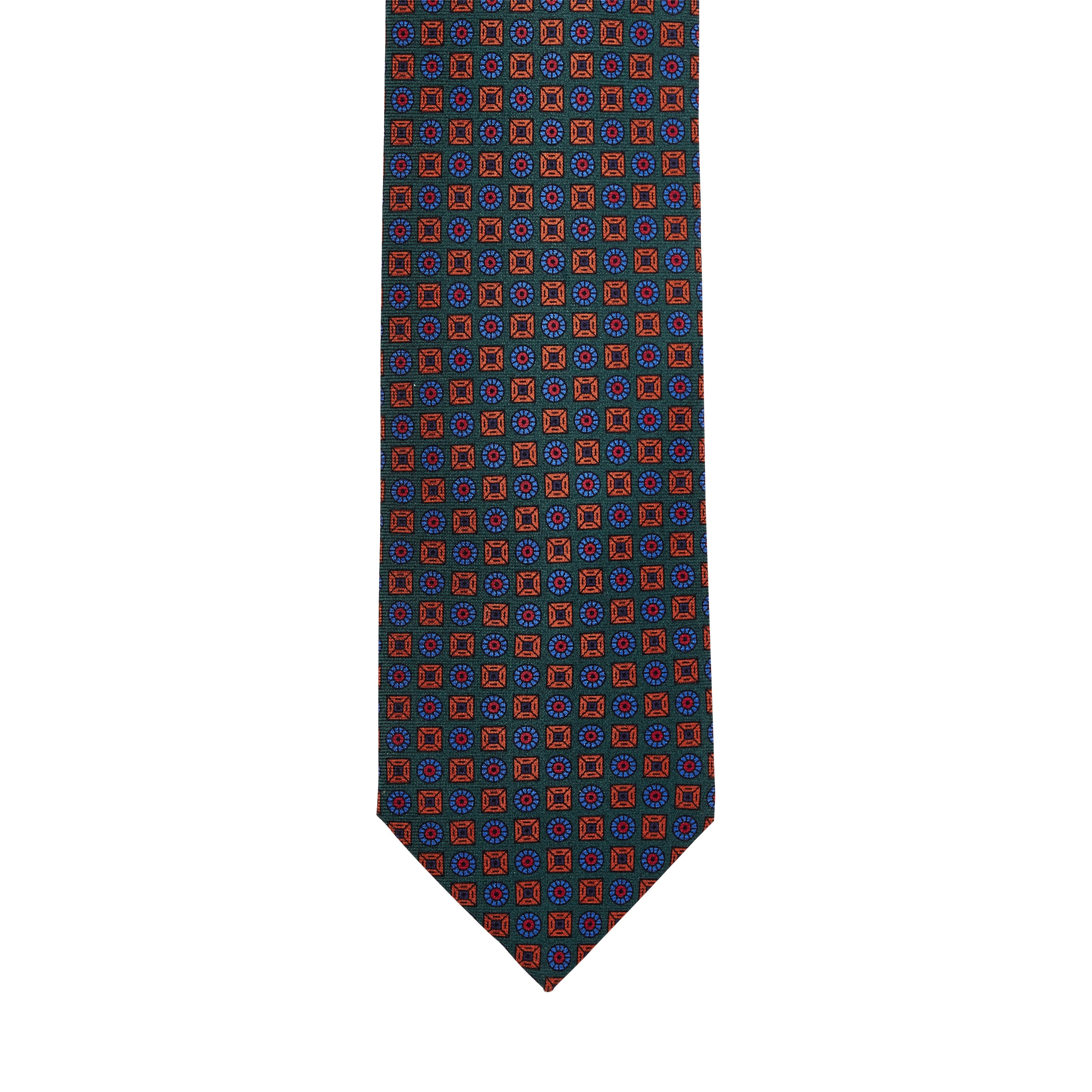 A Sovereign Grade Green Ancient Madder Tie from KirbyAllison.com with a red and blue pattern.