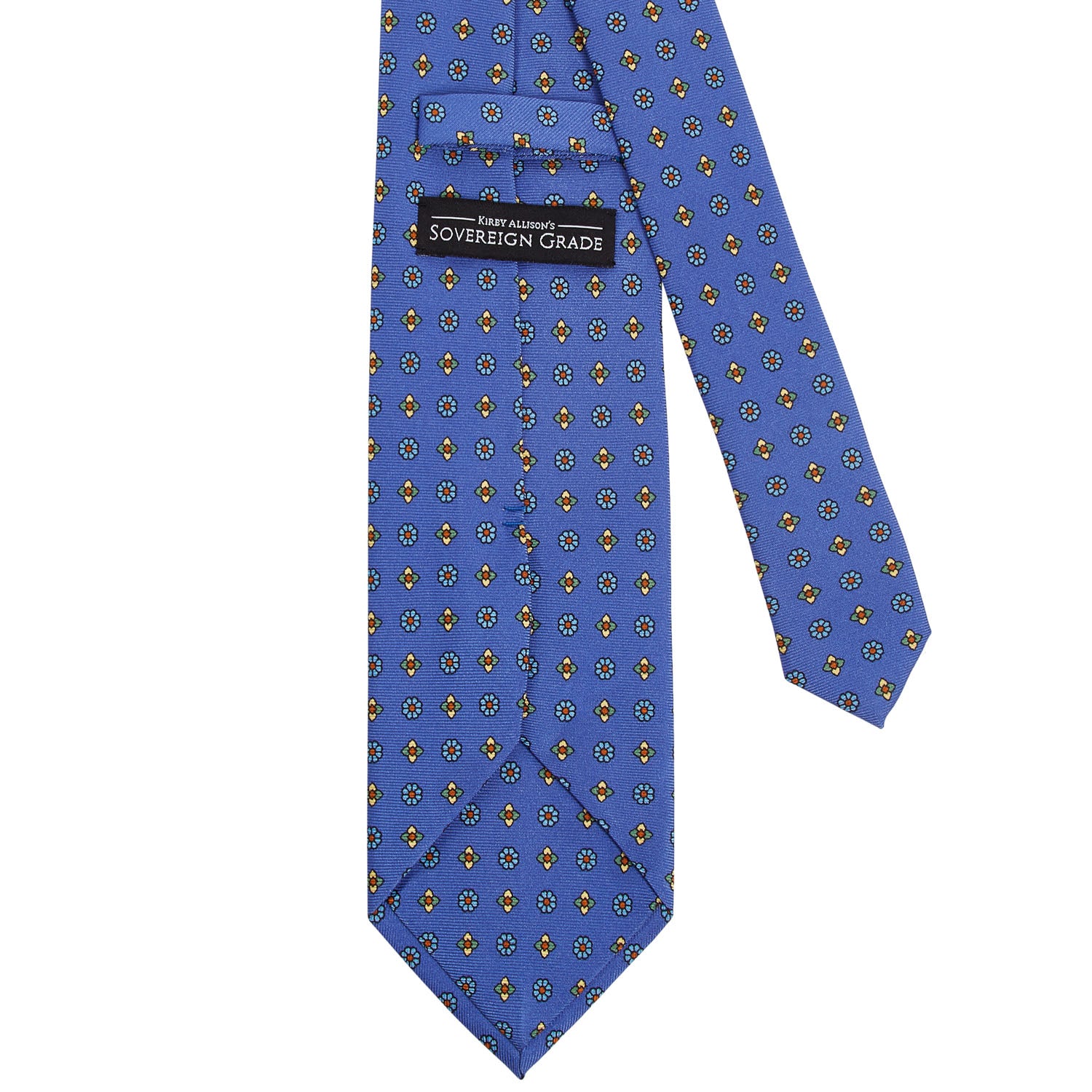 A handmade, 100% English silk tie from KirbyAllison.com featuring the Sovereign Grade Lido Blue Floral Printed Silk Tie.