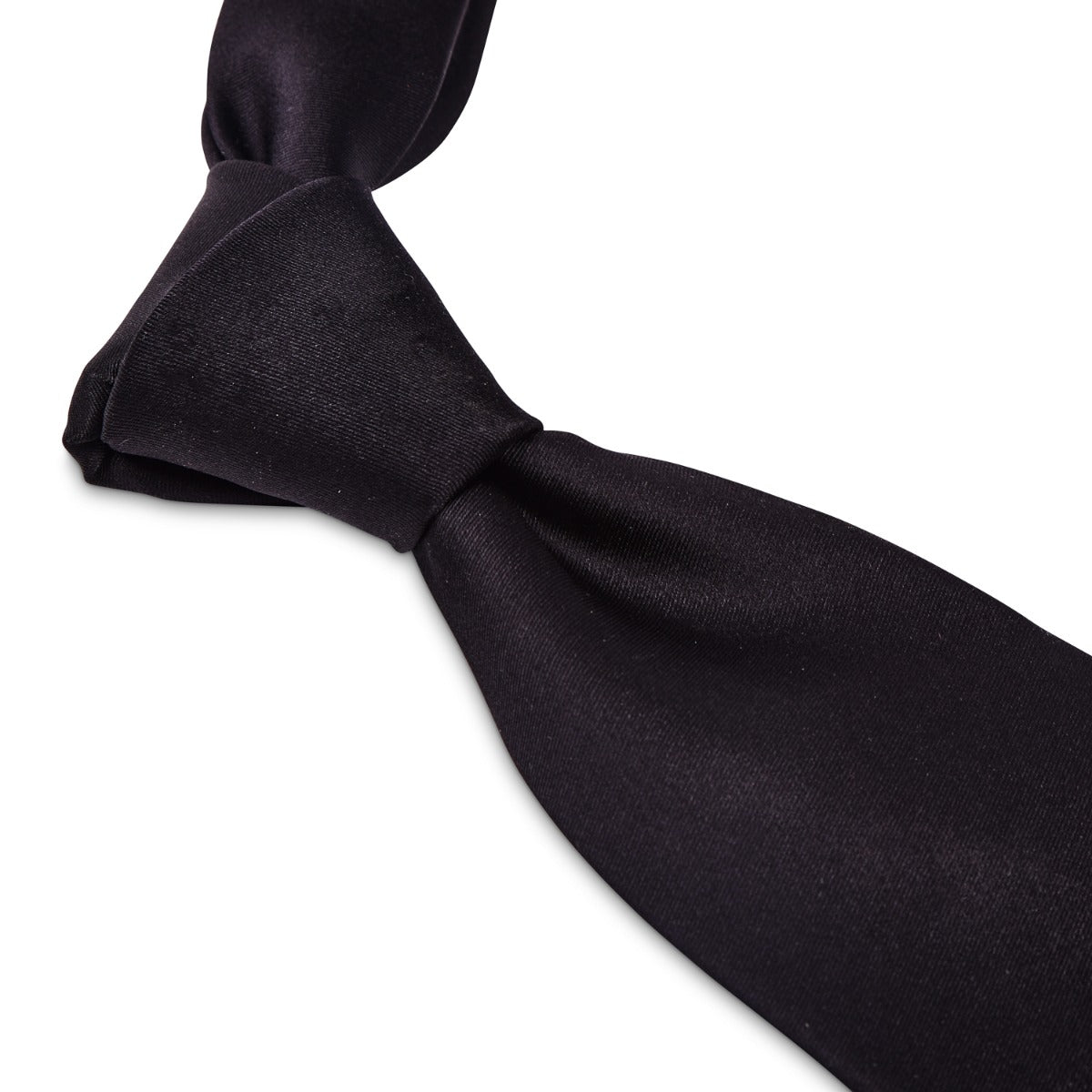 A Sovereign Grade Black Solid Satin Tie from KirbyAllison.com, on a white background, crafted with 100% English silk.