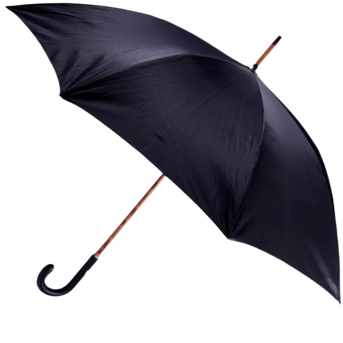 A handcrafted Black Pigskin Solid Stick Umbrella with Black Canopy from KirbyAllison.com on a white background.