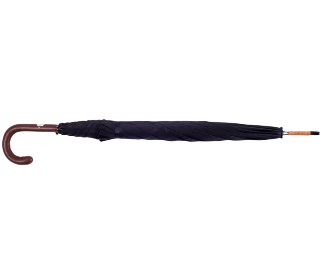 A Brown Pigskin Solid Stick Umbrella with a Black Canopy and a pigskin handle on a white background in Milan, Italy by KirbyAllison.com.