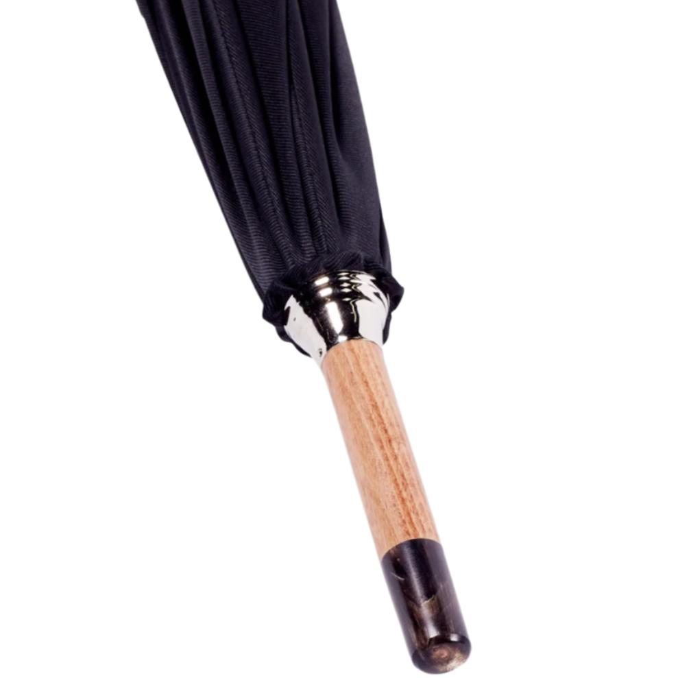 A Brown Pigskin Solid Stick Umbrella with a Black Canopy made in Italy by KirbyAllison.com.