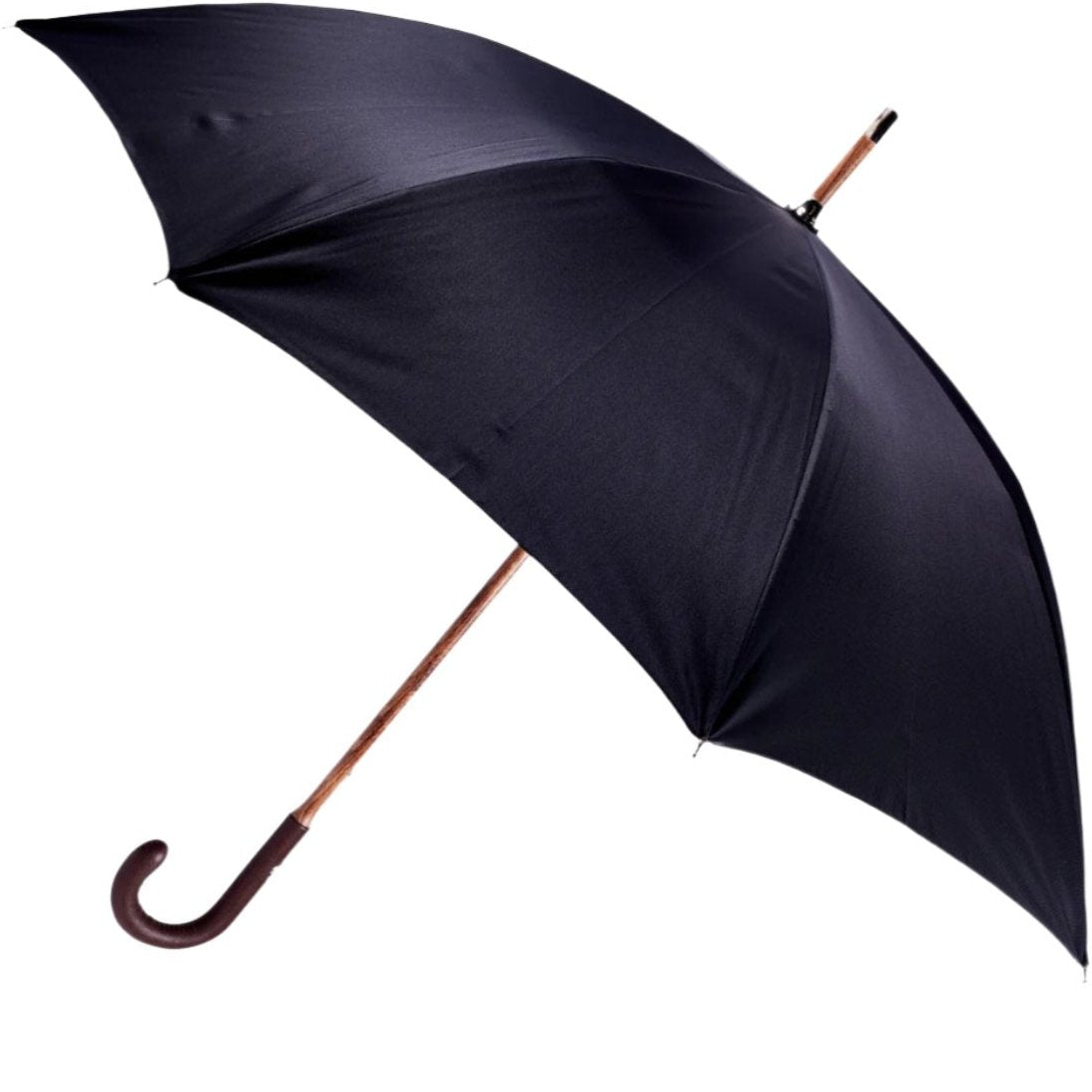 A Brown Pigskin Solid Stick Umbrella with Black Canopy from KirbyAllison.com on a white background.