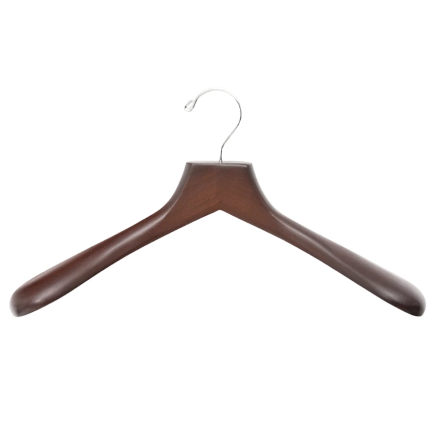 A Luxury Wooden Jacket Hanger by KirbyAllison.com featuring tailor-made shape and drape, providing essential support for luxury jackets on a white background.
