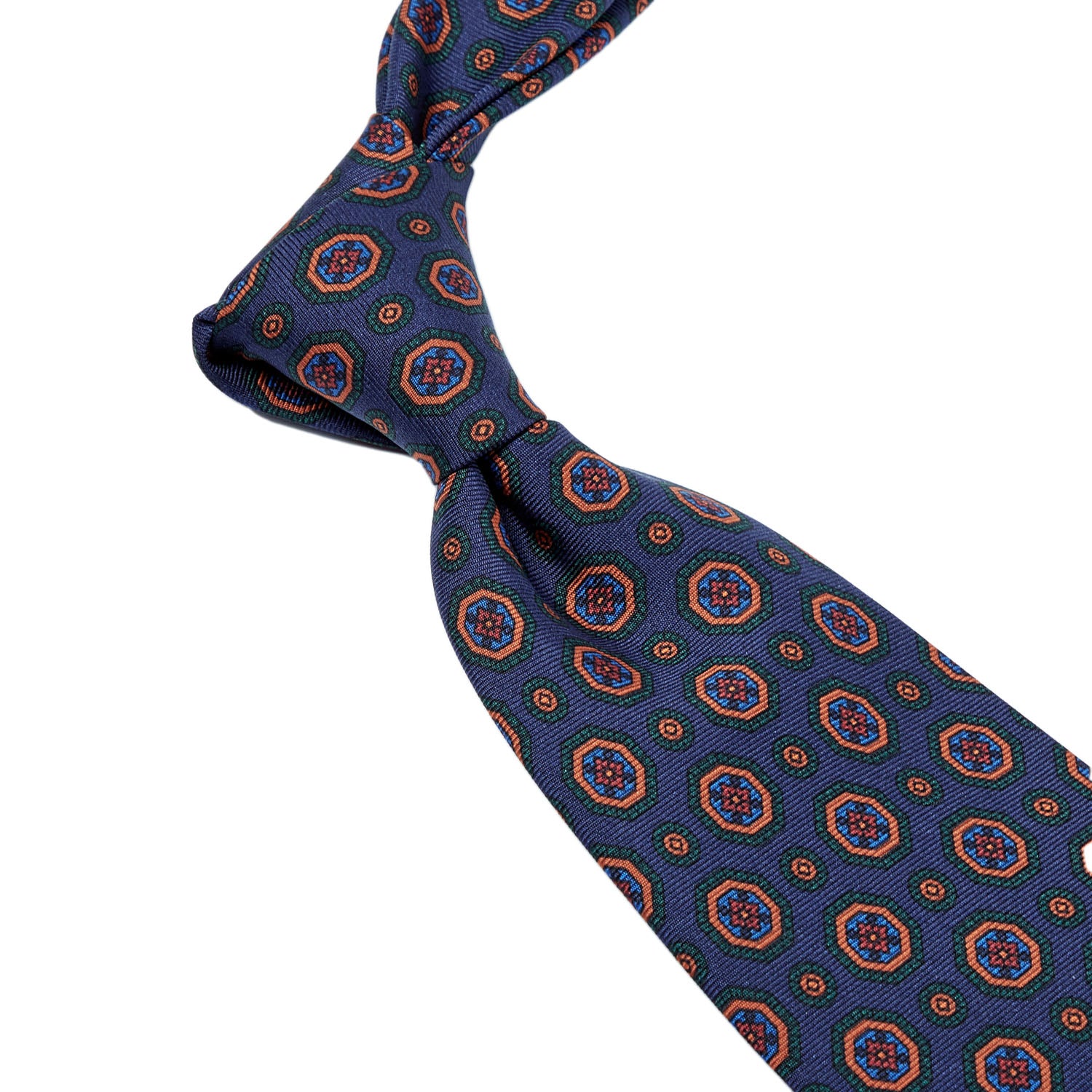 A KirbyAllison.com Sovereign Grade Dark Navy Geometric Ancient Madder Tie (150x8.5 cm) with a circular pattern of highest quality.