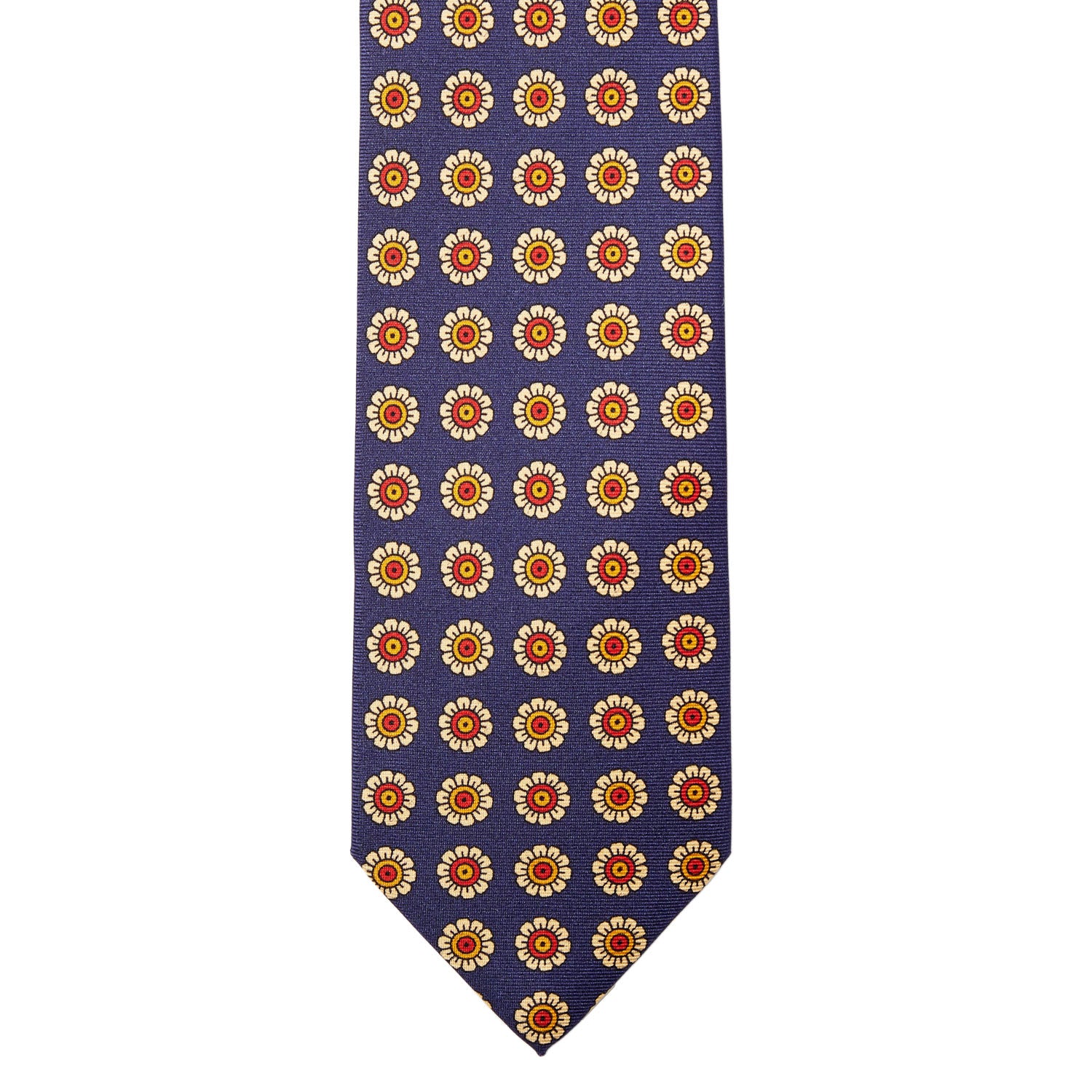 A Sovereign Grade Navy Daisy Spring Madder Buff tie (150x8.5 cm) made from the highest quality, 100% English silk with orange and yellow flowers.