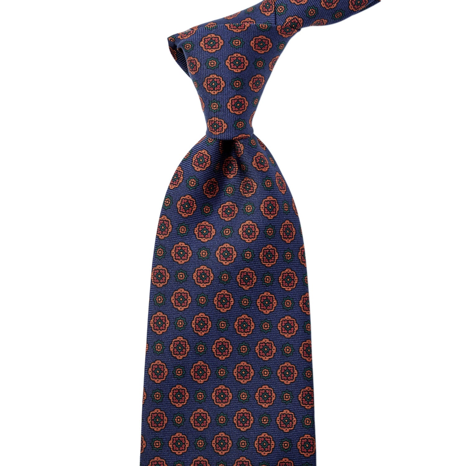 A Sovereign Grade Navy Geometric Floral Ancient Madder Tie with orange and blue circles on it, crafted with exquisite craftsmanship in the United Kingdom, by KirbyAllison.com.