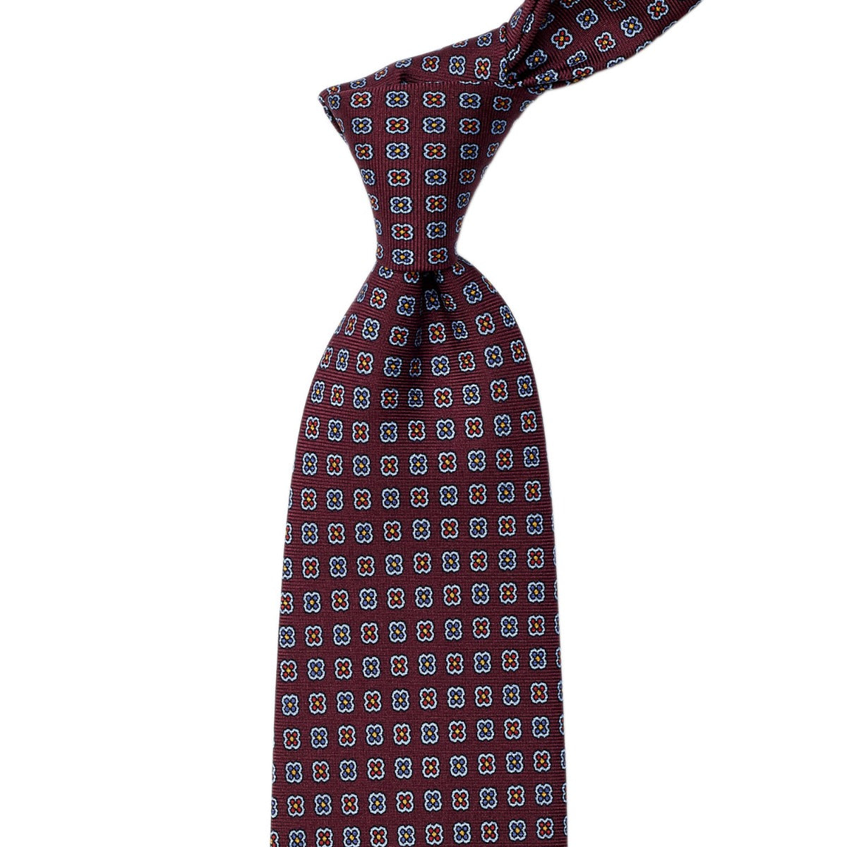 A quality KirbyAllison.com Sovereign Grade Burgundy Daisy 36oz Printed Silk Tie with blue squares.