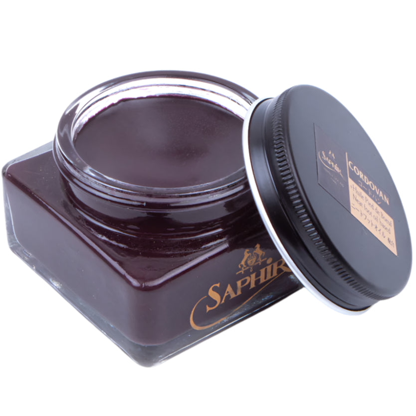 A jar of Saphir Cordovan Cream Shoe Polish with a leather lid from KirbyAllison.com.