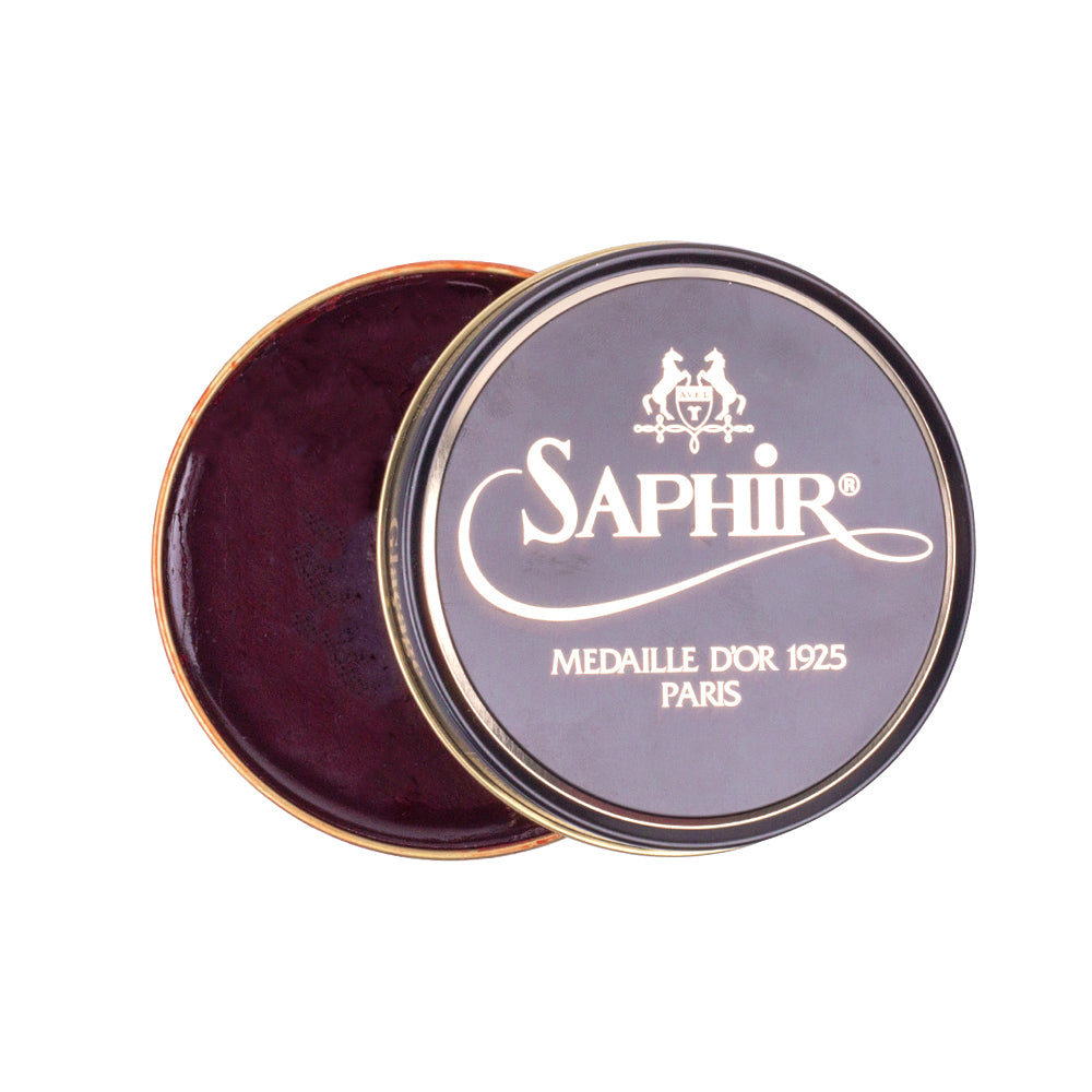 A tin of KirbyAllison.com Saphir Pate de Luxe Wax Shoe Polish 50 ml for high-gloss shoe shine.