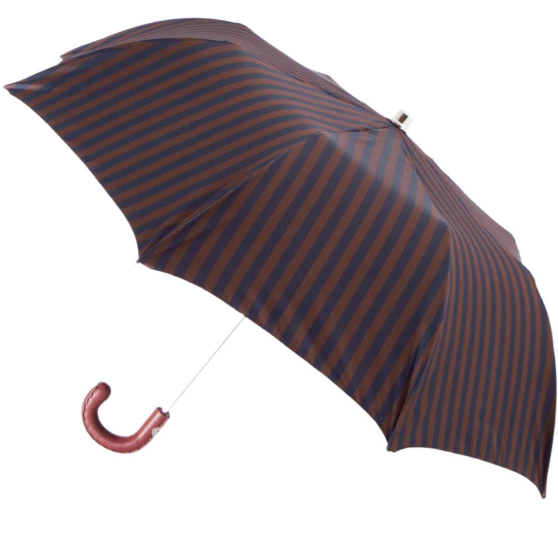 A Navy and Brown Stripe Travel Umbrella with Leather Handle from KirbyAllison.com in Milan, Italy.