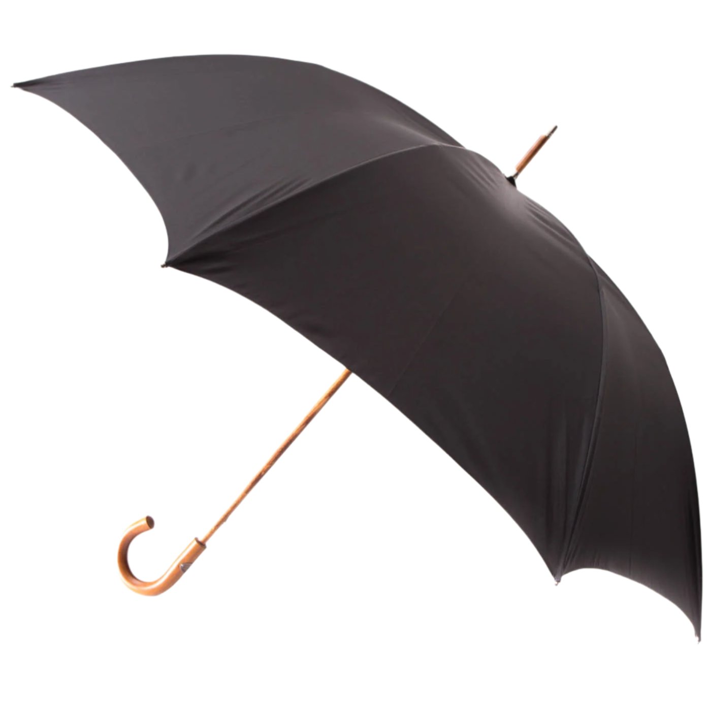 A black umbrella with a wooden Malacca handle on a white background would be a "Black Doorman Umbrella with Malacca Handle" by KirbyAllison.com.