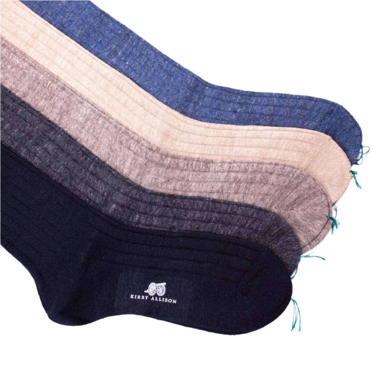 Four pairs of KirbyAllison.com Sovereign Grade 100% Linen Dress Socks OTC on a white background.