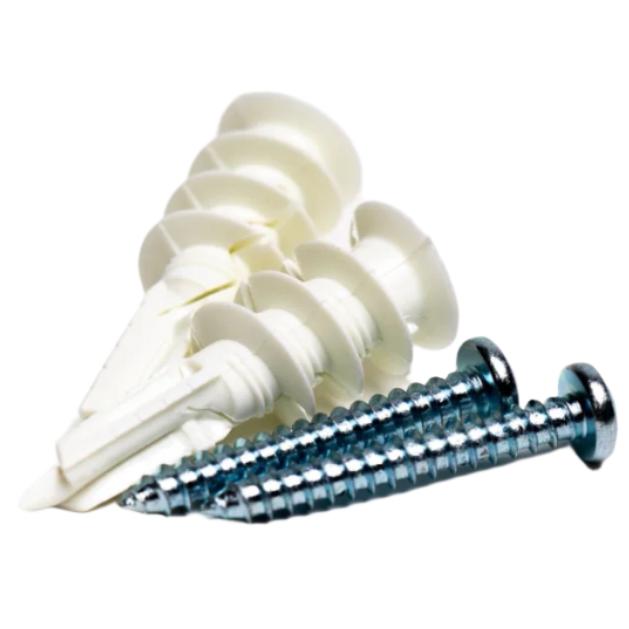 A Hanger Project Small Tie Rack - Walnut/Stainless Steel Pegs and a blue screw on a solid hardwood surface.