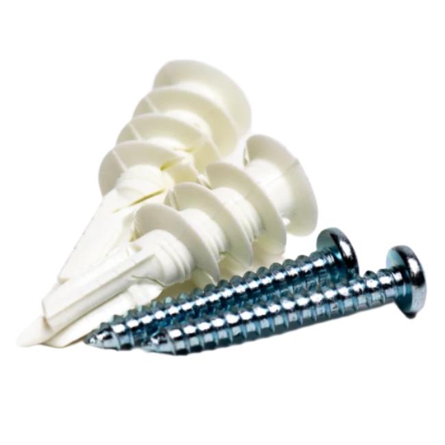 A Hanger Project Medium Tie Rack - Walnut/Stainless Steel Pegs and a white screw on a white surface.