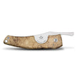 A rot-proof, friction folder Kirby Allison Acacia Burl Cigar Knife with a wooden handle on a white background.