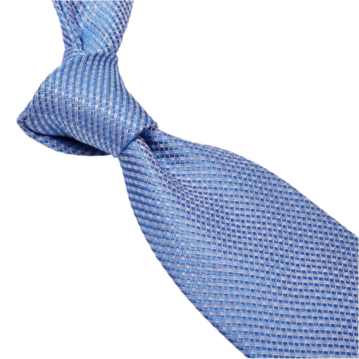 A Sovereign Grade Sky Blue Jacquard Mock Grenadine tie made of English silk on a white background.