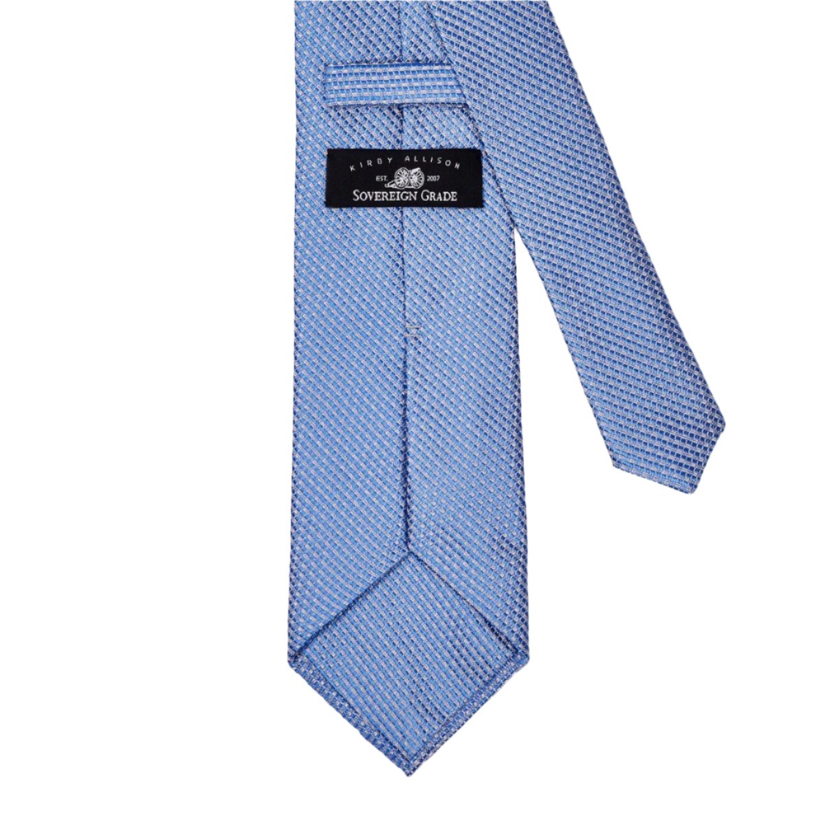 A Sovereign Grade Sky Blue Jacquard Mock Grenadine necktie in blue with a black and white pattern by KirbyAllison.com.