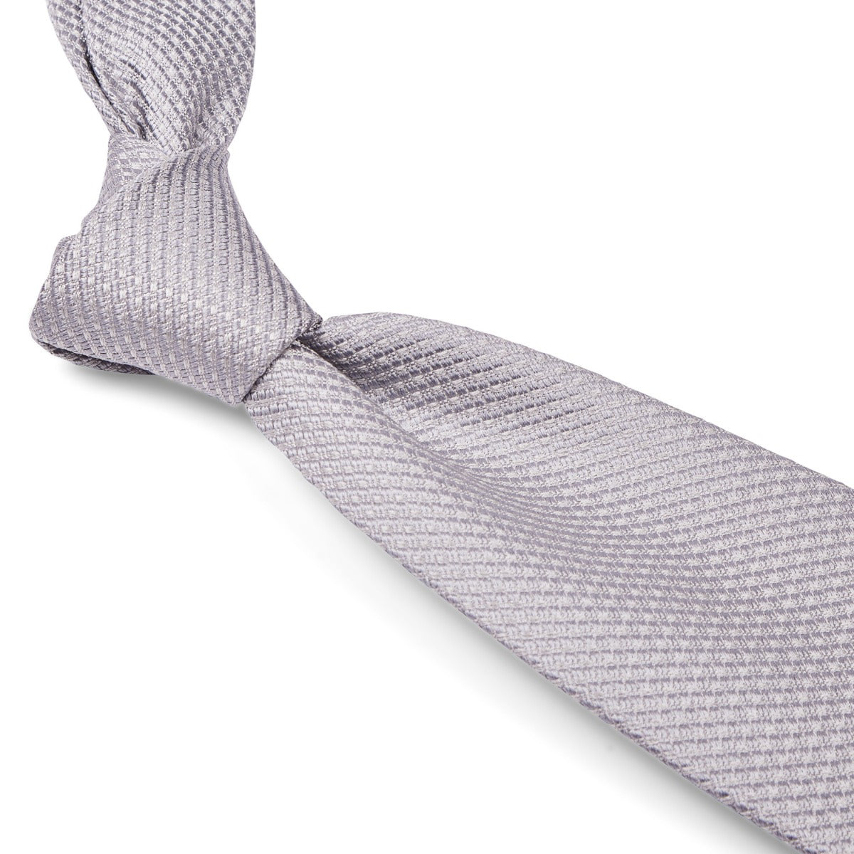 A gray Sovereign Grade Silver Jacquard Mock Grenadine tie on a white background by KirbyAllison.com.