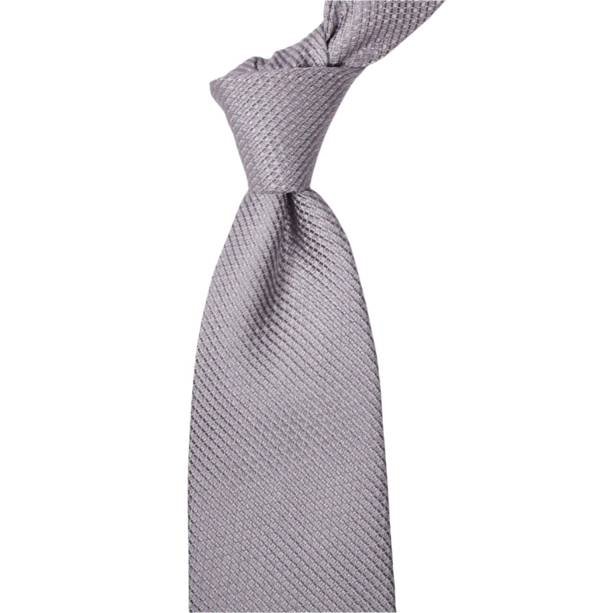 A Sovereign Grade Silver Jacquard Mock Grenadine tie on a white background by KirbyAllison.com.