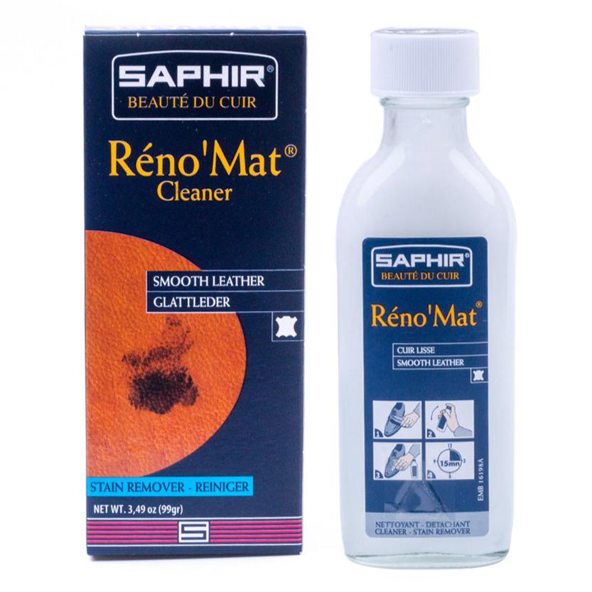 A box of Saphir Reno'Mat Leather Cleaner, a leather cleaning solution from KirbyAllison.com.