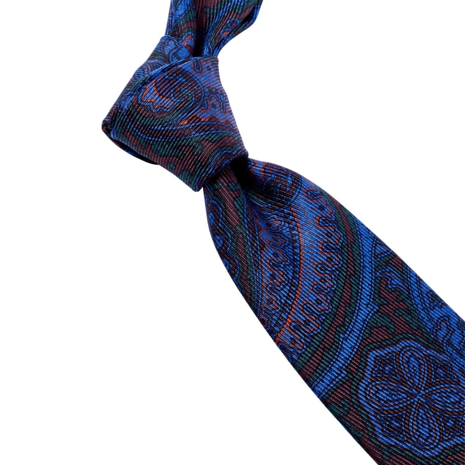 A Sovereign Grade Navy and Brown Paisley Ancient Madder Silk Tie by KirbyAllison.com, boasting quality and longevity, showcased against a white background.