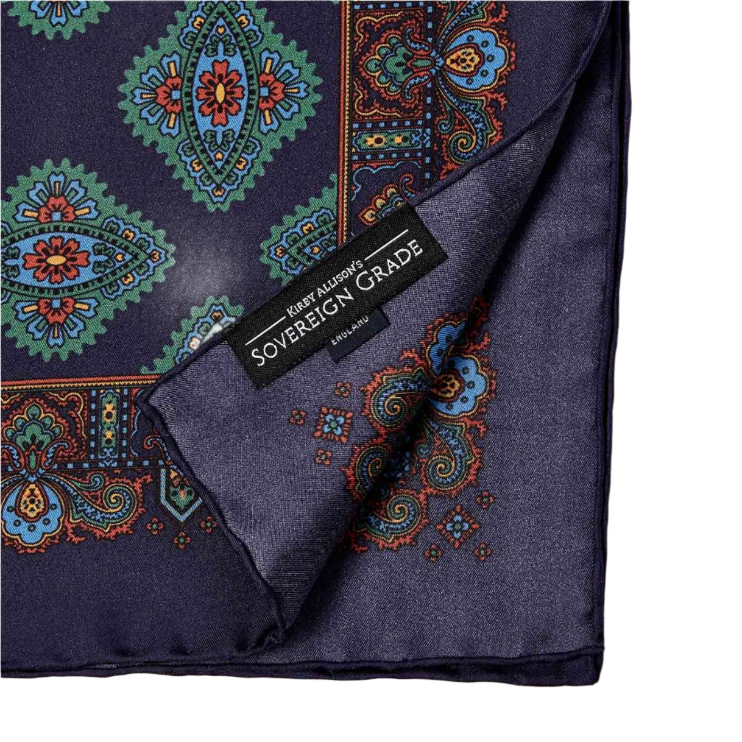 Sovereign Grade 100% Silk Navy Pocket Square handmade with KirbyAllison.com.