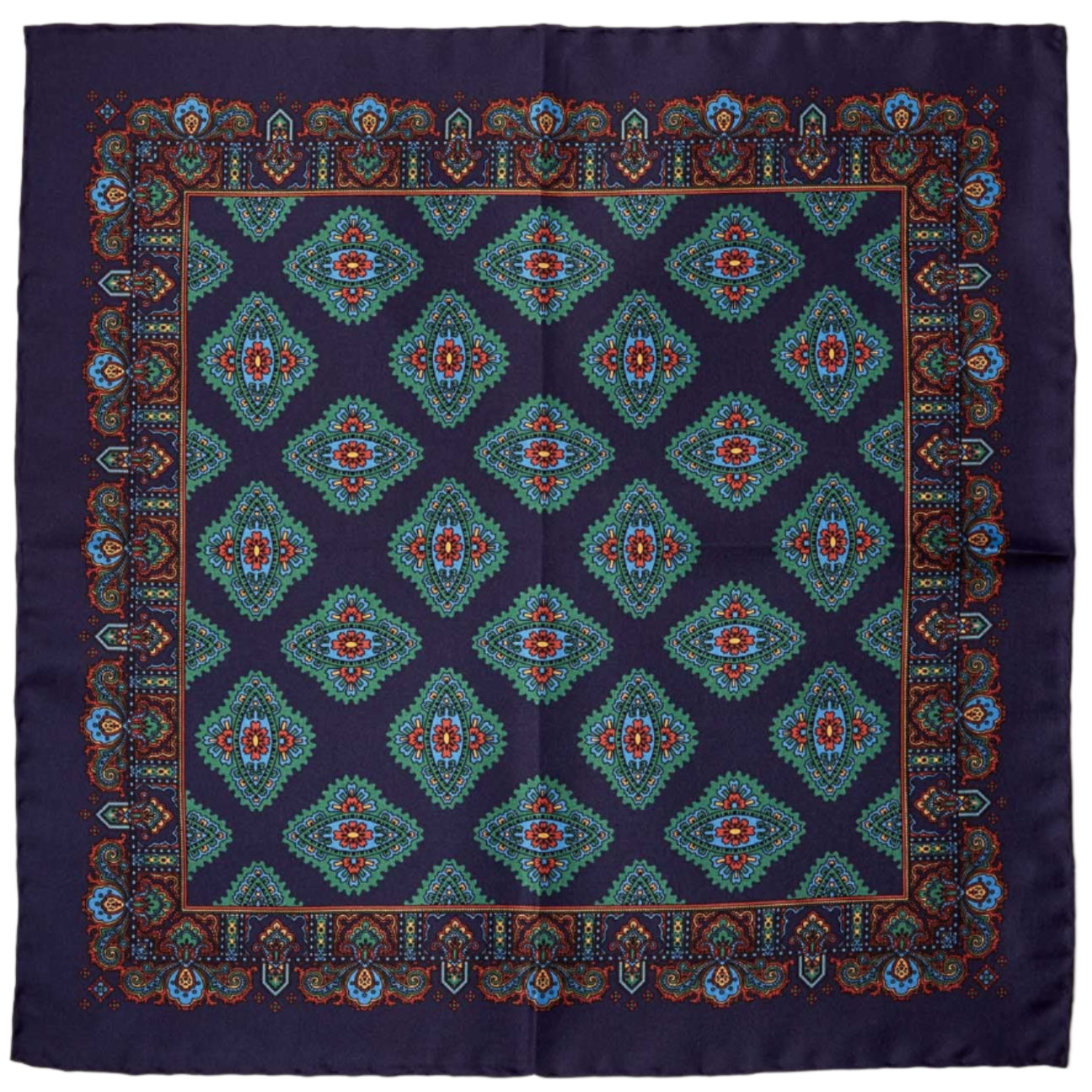 A KirbyAllison.com Sovereign Grade 100% Silk Navy Pocket Square featuring a blue and green paisley design on a white background.