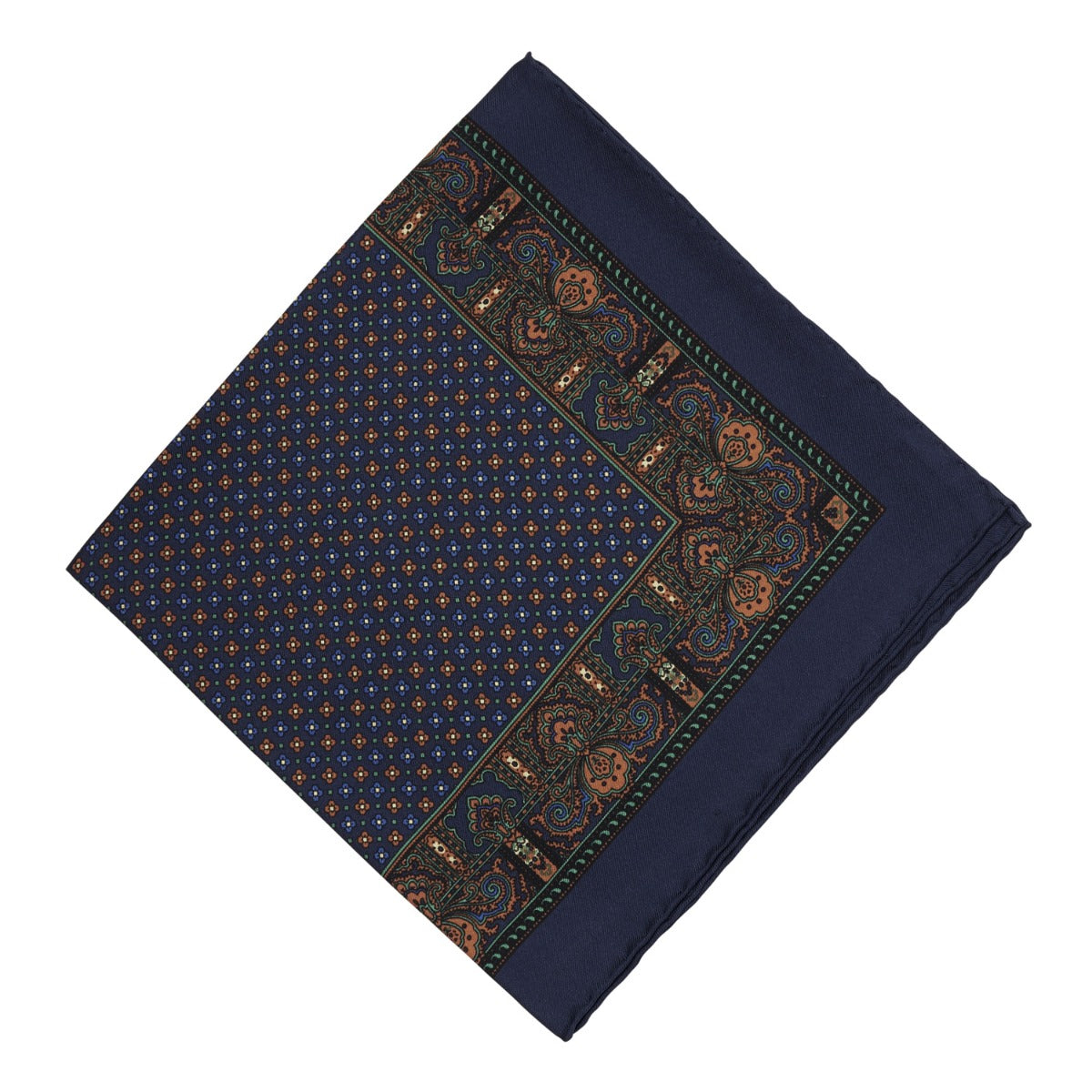 A Sovereign Grade 100% Silk Navy Repeating Floral pocket square by KirbyAllison.com with hand-rolled edges.