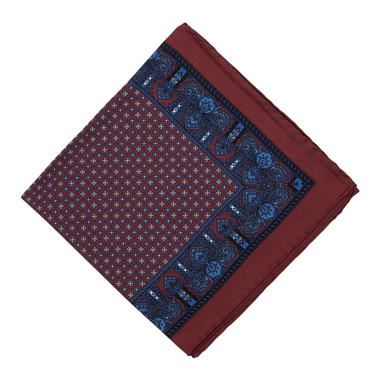 A KirbyAllison.com Sovereign Grade 100% Silk Burgundy Repeating Floral Pocket Square adds formality.