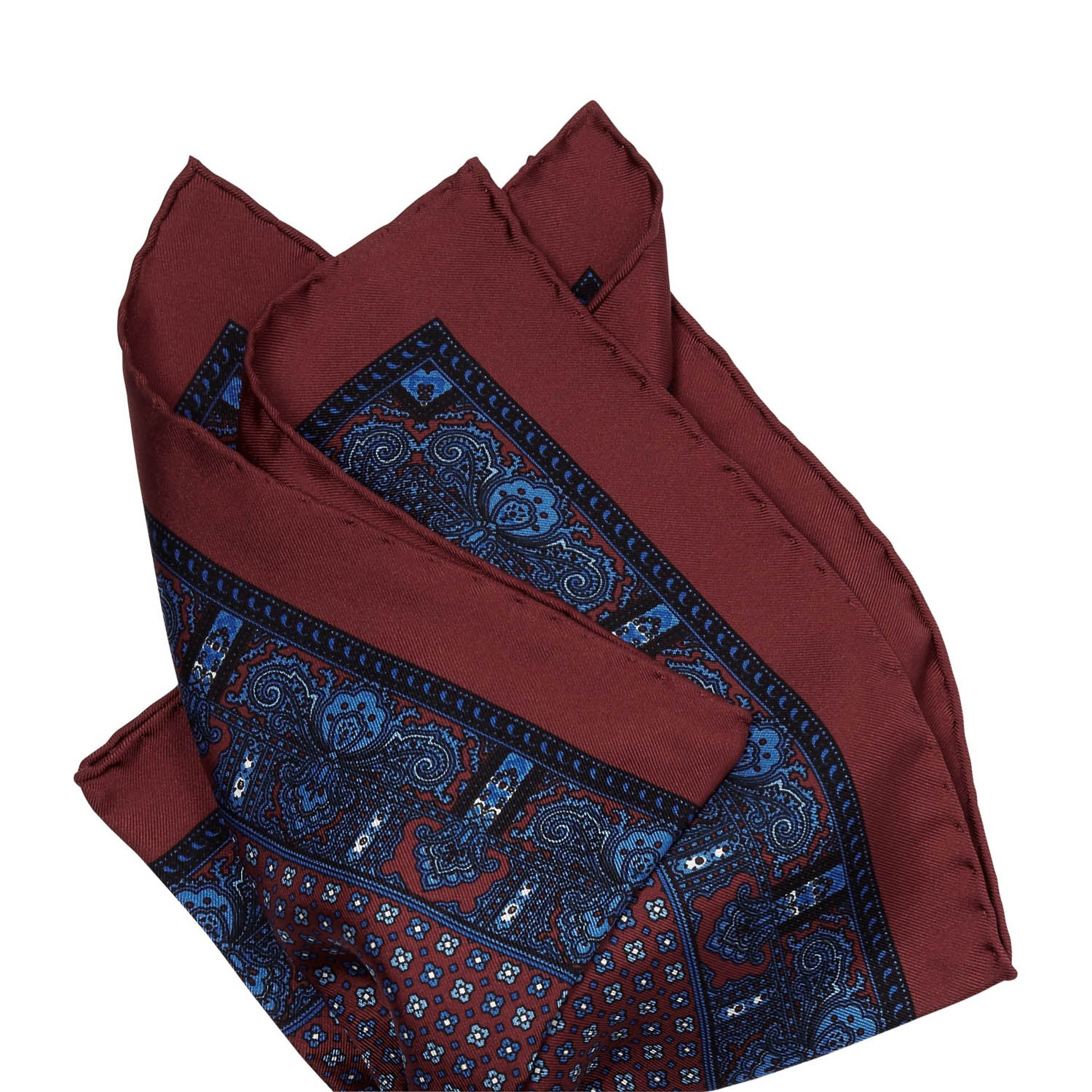 A handmade Sovereign Grade 100% Silk Burgundy Repeating Floral pocket square from KirbyAllison.com for formal occasions.