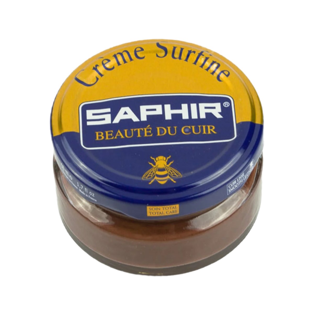 A jar of Saphir Beaute de Cuir Cream Polish surging on a white background, highlighting the keywords "shoe polish" and "beeswax", by KirbyAllison.com.