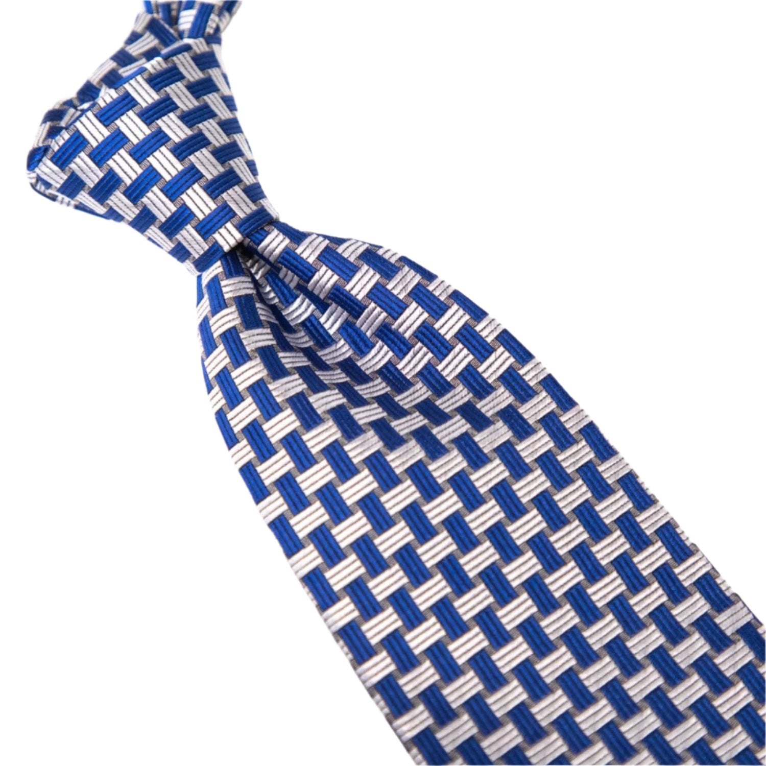 A Sovereign Grade Blue Basket Weave Silk Tie by KirbyAllison.com on a white surface.
