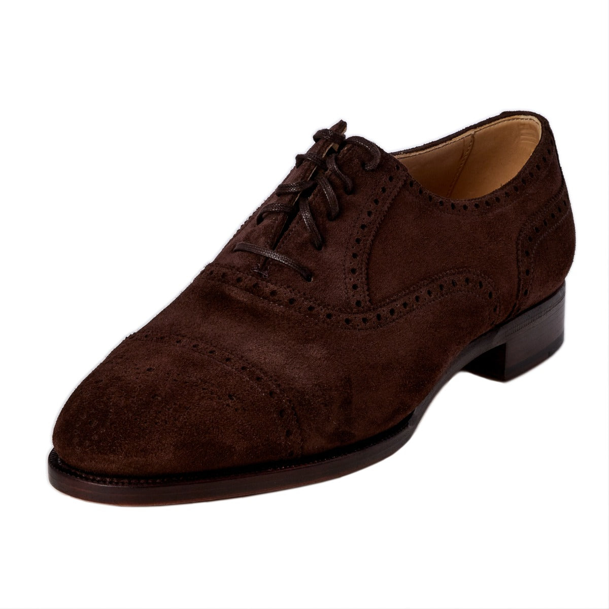 A men's TLB Dark Brown Suede Semi-Brogue 7.5UK oxford shoe with closed channel stitching by KirbyAllison.com.