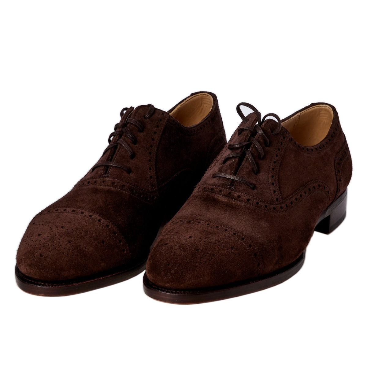 A pair of TLB Dark Brown Suede Semi-Brogue 7.5UK oxford shoes from KirbyAllison.com on a white background.