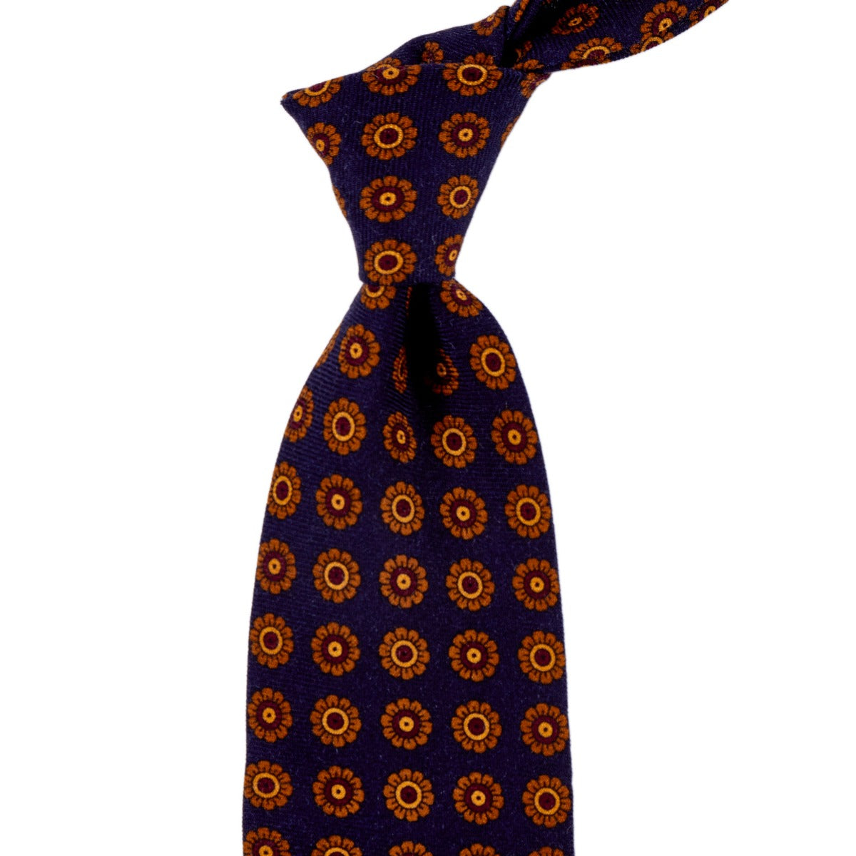 Handmade UK Sovereign Grade Navy Daisy Wool Challis tie with orange and blue circles by KirbyAllison.com.