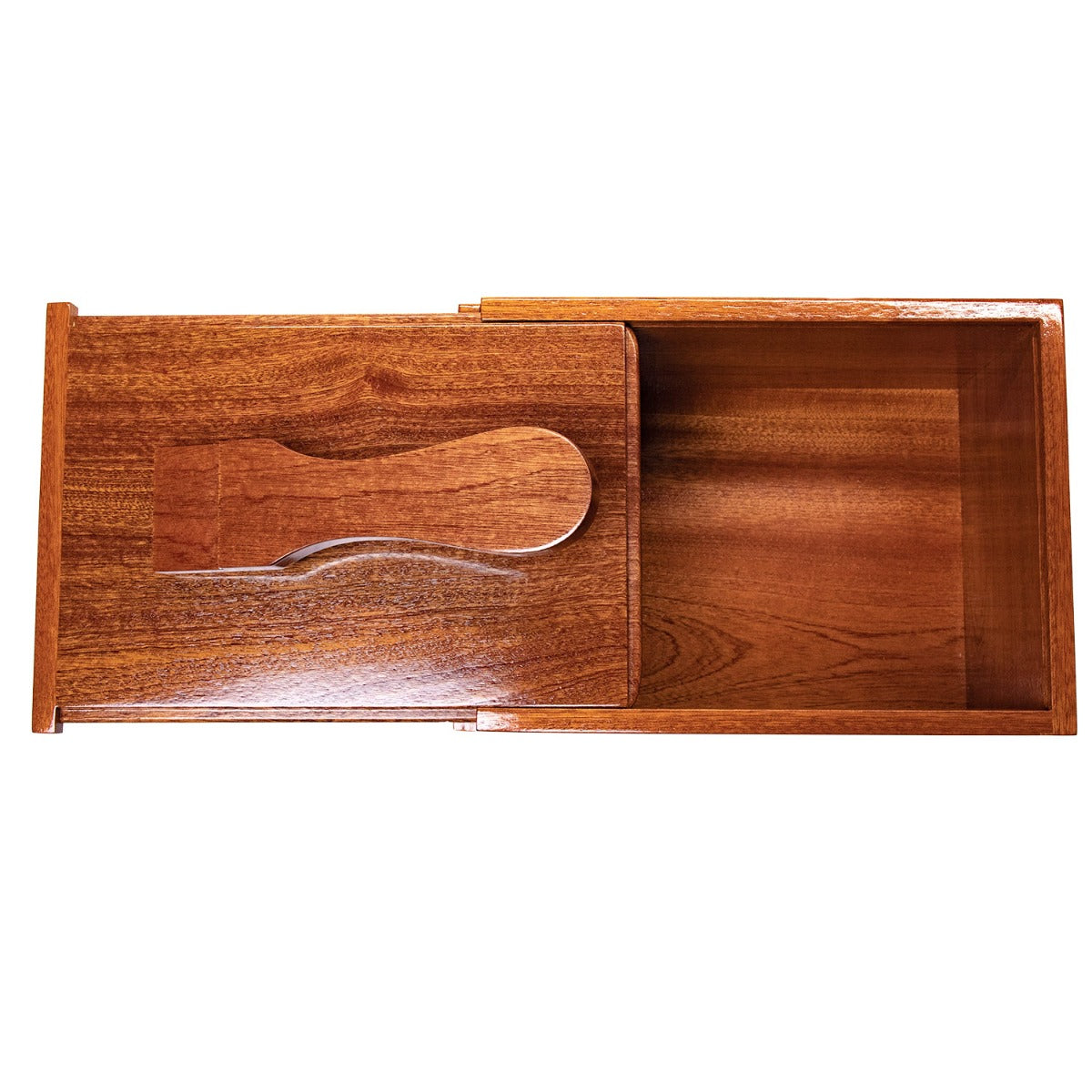 A handcrafted Deluxe Walnut Shoeshine Valet made of solid walnut wood with a knife in it from KirbyAllison.com.